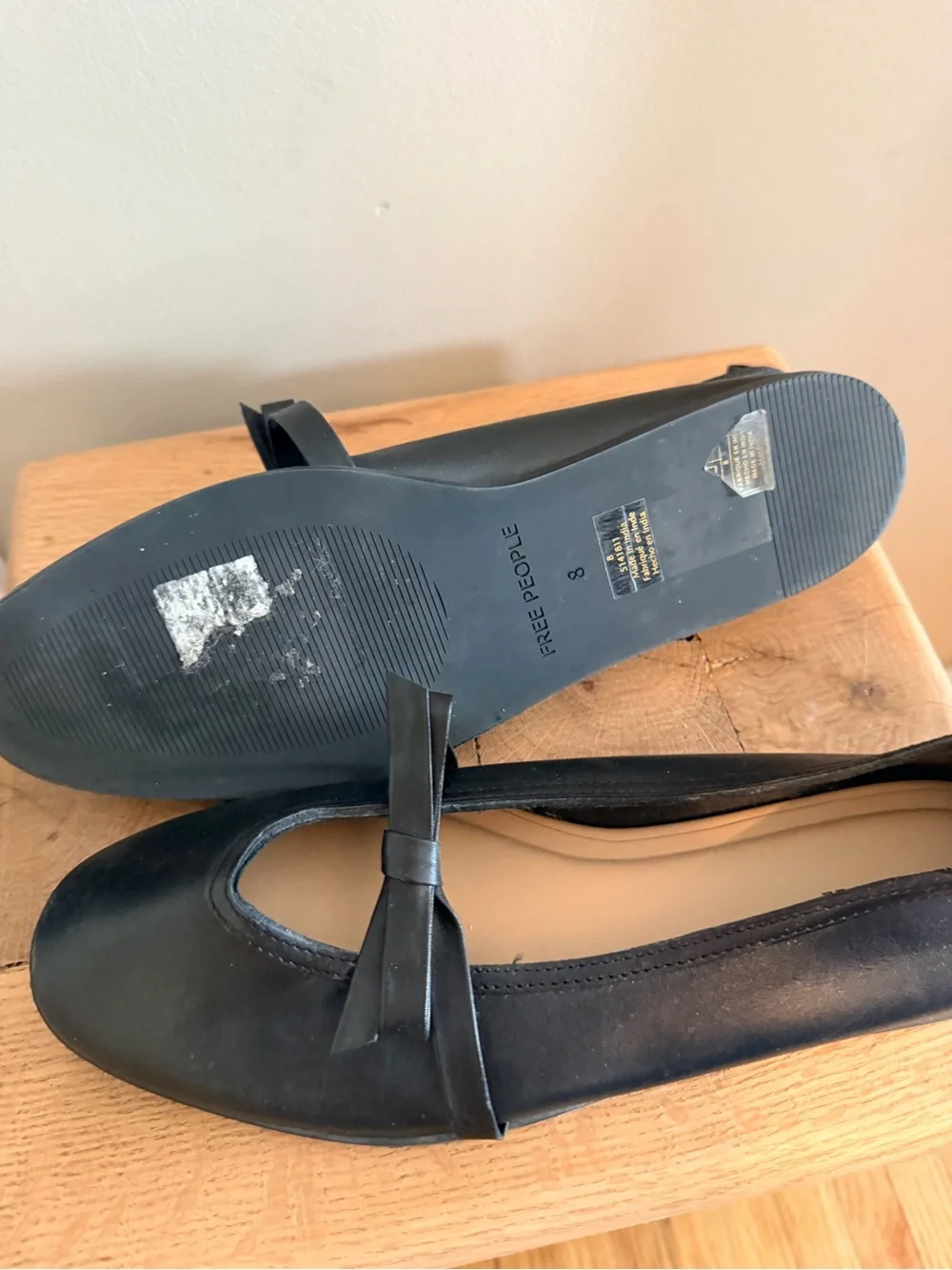 Free People Black Leather Ballet Flats with Bow Strap